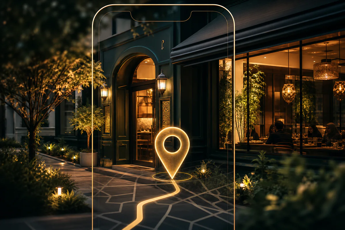 A warmly lit restaurant highlighted by a refined digital location marker