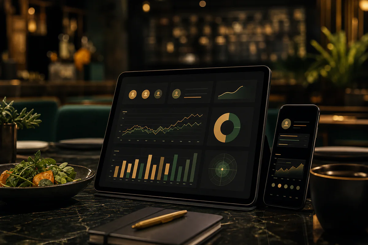 A restaurant tablet and phone displaying elegant connected growth dashboards